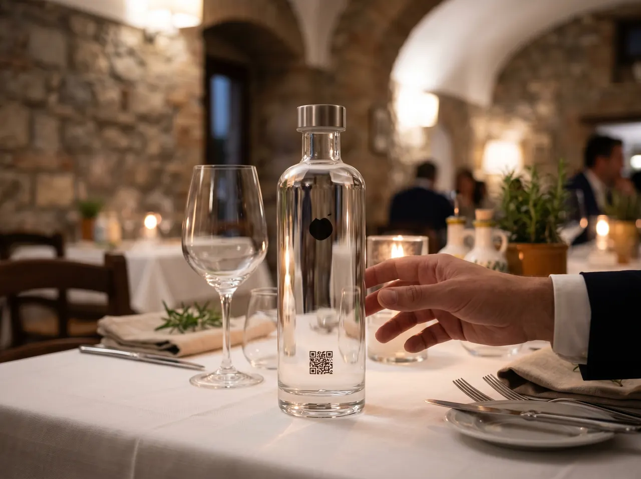 Bottiglia Acquarent col logo del ristorante servita a tavola