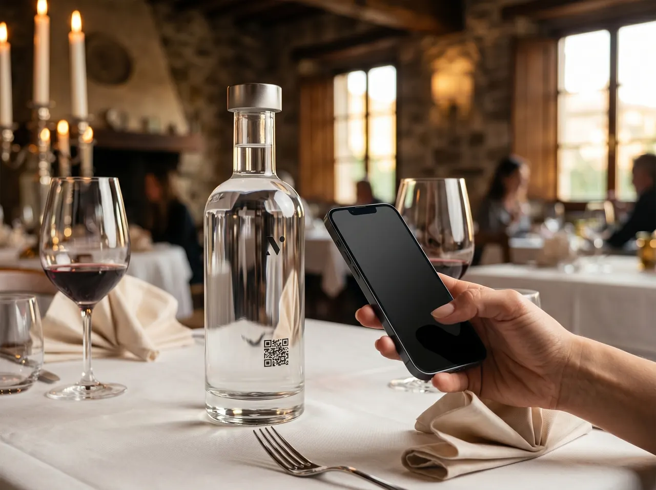 Cliente che inquadra il QR code sulla bottiglia col proprio smartphone