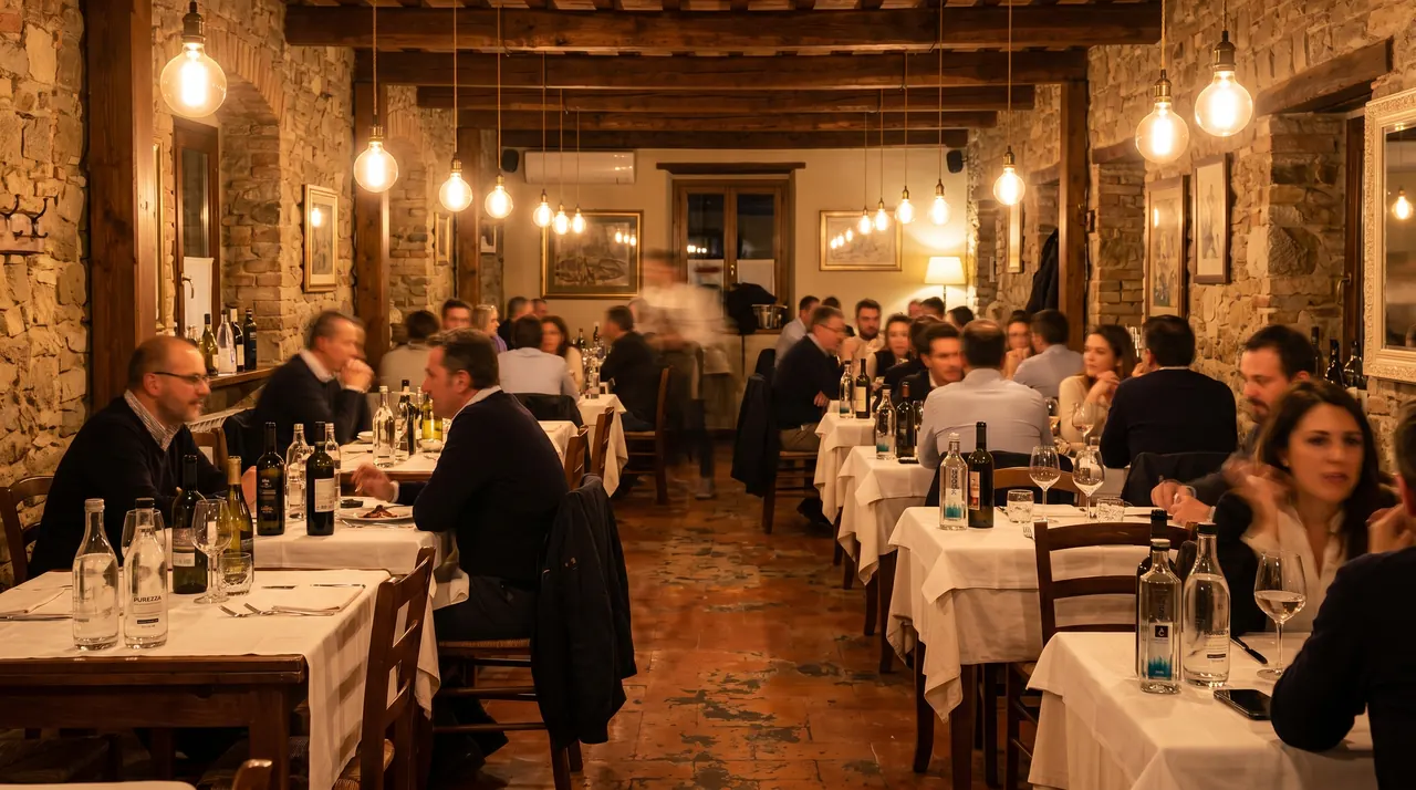 Sala del ristorante piena, atmosfera calda di servizio